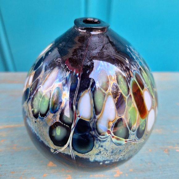 Hand Blown Glass Oil Lamp Orb or Bud Vase Artist Signed Mosaic Color Marble Ball - Picture 5 of 16